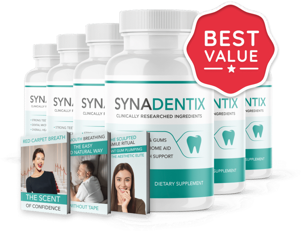 Best Value package of 6 bottles of Synadentix with 3 free bonuses and free shipping.